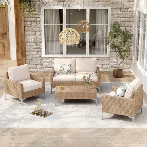 JOYURE 4-Piece Patio Furniture Set, Outdoor Wicker Patio Conversation Set with Tempered Glass Table