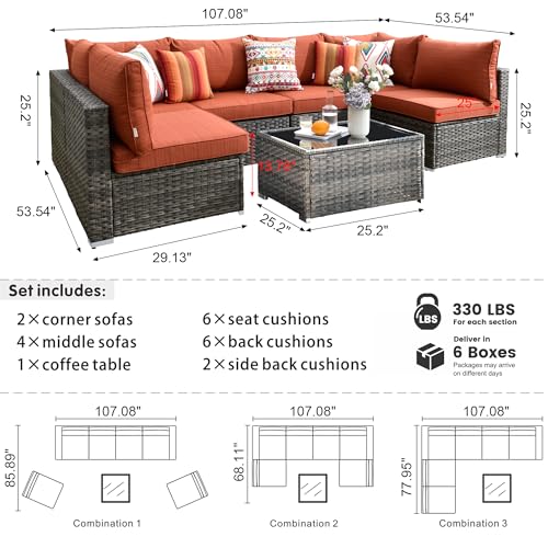 HOOOWOOO Patio Outdoor Sectional Furniture Sofa Set,7 Piece U Shaped Corner Wicker Rattan Couch Set,Rustic 6 Persons Summer Patio Conversation Set for Outside Porch Deck Garden(Orange Red)