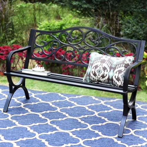 PHI VILLA 50-Inch Cast Iron Steel Frame Garden Bench Outdoor Patio Bench Chair w/Floral Design Backrest
