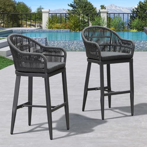 PURPLE LEAF Outdoor Bar Height Stools Set of 2 Patio Metal Modern Wicker Rattan Bar Chairs Woven Aluminum Barstools with Back