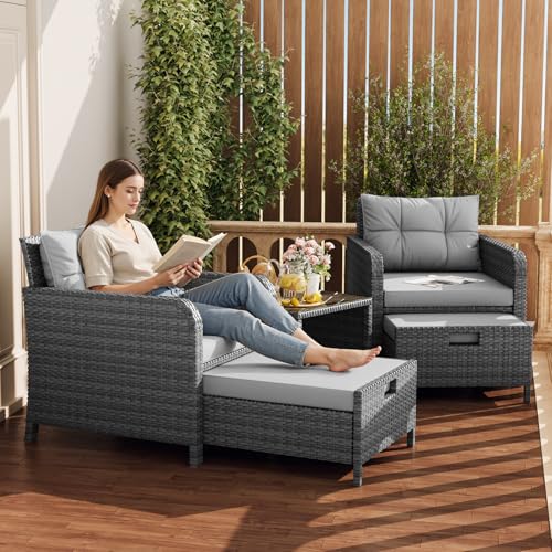 LHBcraft Outdoor Furniture 5 Piece Patio Conversation Set, PE Rattan Patio Set with Soft Cushions & Coffee Table