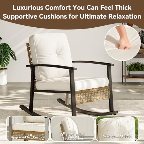 Aoxun 3-Piece Outdoor Rocking Bistro Set, Patio Furniture Set with Coffee Table and Thick Cushions, Wicker Rocking Chairs Set of 2 for Garden, Balcony, Backyard, Poolside (Beige)
