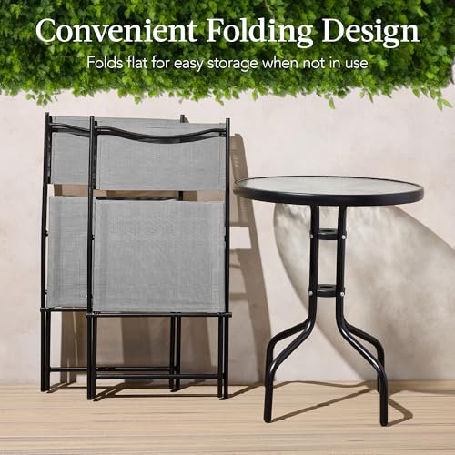 Best Choice Products 3-Piece Patio Bistro Dining Furniture Set w/Glass Tabletop, 2 Folding Chairs, Steel Frame, Polyester Fabric - Gray
