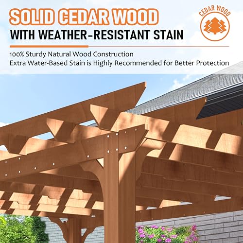 BlueWish 12’ x 14’ Cedar Wood Patio Pergola with Slatted Trellis Roof, Outdoor Pergola Backyard Gazebo with Solid Structure for Deck Yard Grill Party Garden