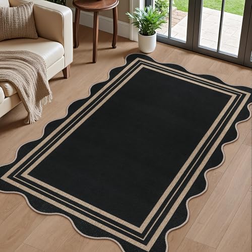 LORWER Scalloped Easy Jute 3x5 Outdoor Rug, Washable Rugs for Entryway Black Front Door Mat