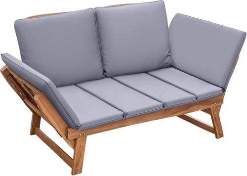 Devoko Outdoor Couch Acacia Wood Patio Couch with Adjustable Armrests, Outdoor Convertible Sofa with Removable Cushions & Pillows for Patio, Porch, Poolside(Grey)