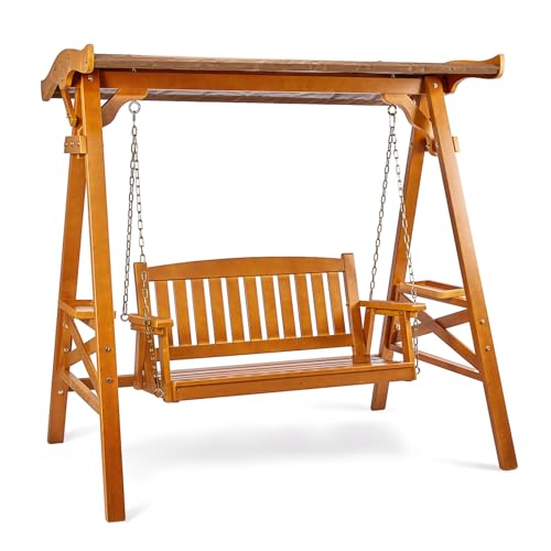 VINGLI Porch Swing with Stand, Porch Swing with Canopy, Waterproof Patio Swing with Cup Holder, Outdoor Swing Set for Garden