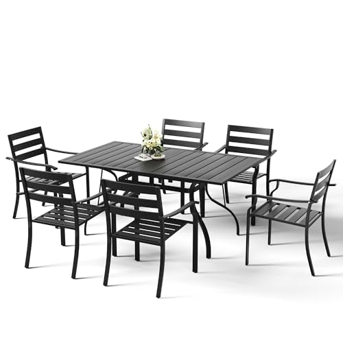 HOMREST 7 Piece Outdoor Patio Dining Set for 6, 63" Rectangular Metal Table with Umbrella Hole and Storage Shelf