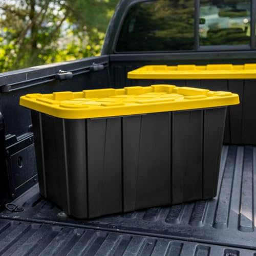 Sterilite 4-Pack 27 Gallon Industrial Storage Tote, Heavy-Duty Plastic Bins, Black/Yellow - Stackable Utility Organizers with Lids for Garage, Camping Tools, and Outdoor Gear