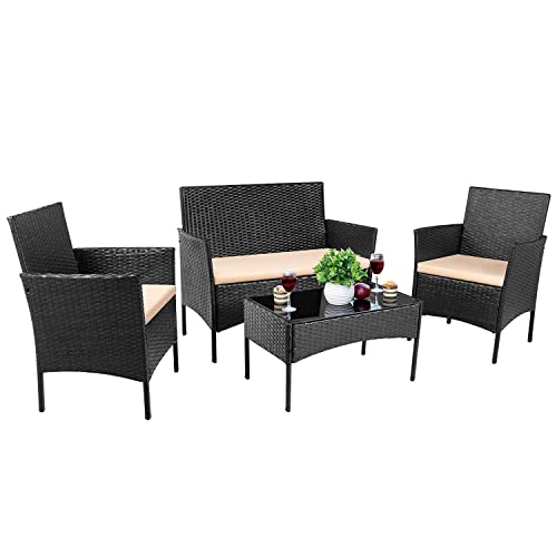 Devoko 4 Pieces Patio Porch Furniture Sets PE Rattan Wicker Chairs Beige Cushion with Table Outdoor Garden Patio Furniture Se