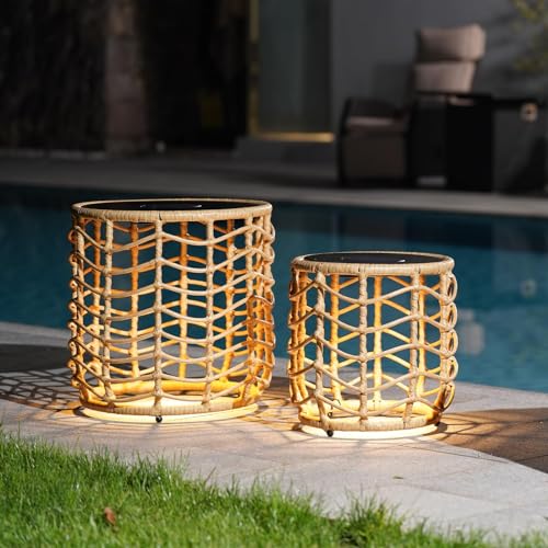 Solar Yard Boho Solar Nesting Tables with Built-in Lights - Set of 2, Weather-Resistant Wicker for Patio, Porch, Garden