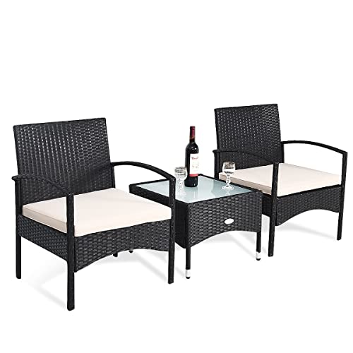 COSTWAY 3 PCS Patio Wicker Conversation Set, PE Rattan Sofa with Tempered Glass Coffee Table, 2 Chairs, 2 Cushions