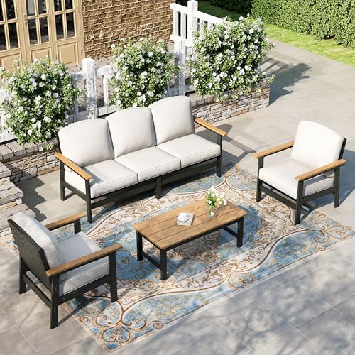 HERA'S HOUSE HDPE Patio Furniture Set, 4-Piece Outdoor Wicker Conversation Couch Set with Thick Cushion