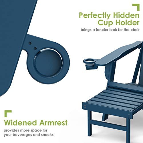 GREENVINES Adirondack-Chairs-with-Ottoman | Set of 2 | Folding | Retractable-Footrest | HDPE Plastic | All Weather Fire Pit Chair | Cup Holders | Blue | for Outdoor Poolside