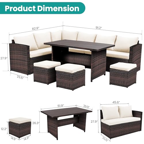 Wumiokio Patio Furniture Set, 7 Pieces Outdoor Patio Furniture with Dining Table&Chair, All Weather Wicker Conversation Set with Ottoman,Brown Rattan & Ivory Cushions (Include Sofa Dust Cover)