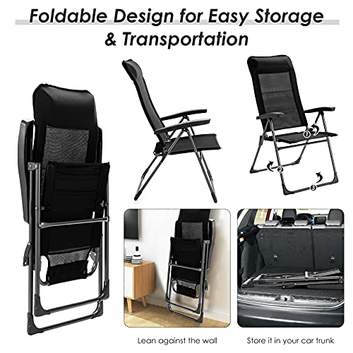 Goplus Folding Patio Sling Chairs, Portable Dining Chair with Headrest, 7 Level Adjustable Backrest, Outdoor Sling Back Chairs for Camping Backyard Garden, Set of 2
