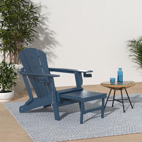 GREENVINES Adirondack-Chairs-with-Ottoman | Set of 2 | Folding | Retractable-Footrest | HDPE Plastic | All Weather Fire Pit Chair | Cup Holders | Blue | for Outdoor Poolside