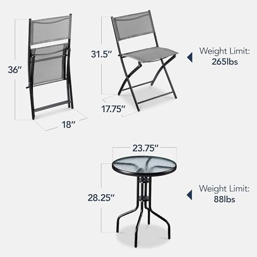 Best Choice Products 3-Piece Patio Bistro Dining Furniture Set w/Glass Tabletop, 2 Folding Chairs, Steel Frame, Polyester Fabric - Gray