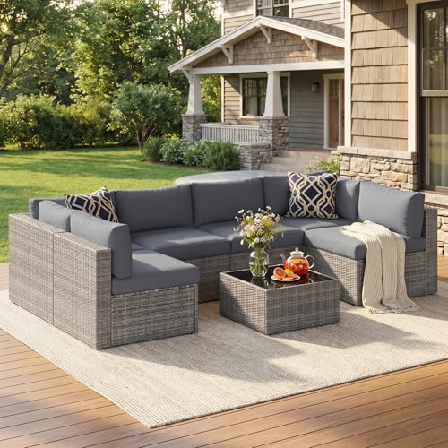 May in Color 7 Pieces Wicker Outdoor Patio Furniture Set, Patio Sectional Sofa with Coffee Table