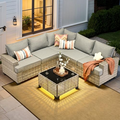 HOOOWOOO Outdoor Sectional Patio Furniture Set, 6 Pieces Wicker Conversation Sets L Shaped Couch