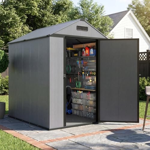 MNLR Resin Storage Shed 4x6 FT with Floor - Weatherproof Outdoor Plastic Tool Shed with Sloped Roof