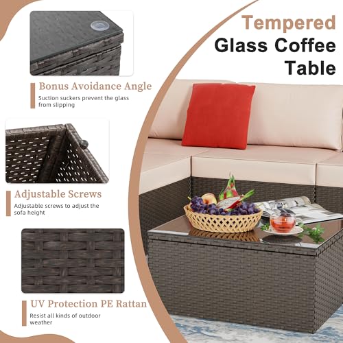 Shintenchi 6 Pieces Patio Furniture Sets Outdoor All-Weather Sectional Patio Sofa Set PE Rattan Manual Weaving Wicker Patio Conversation Set with Glass Table&Ottoman Cushion and Red Pillows, Beige