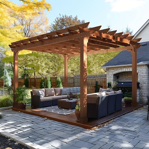 BlueWish 12’ x 14’ Cedar Wood Patio Pergola with Slatted Trellis Roof