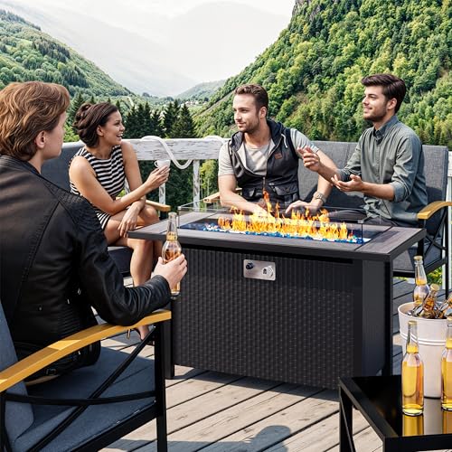 Meilocar 45in Fire Table, Propane Fire Pit with Glass Wind Guard and Rain Cover, Outdoor Firepit Table 50000 BTU 3-in-1 Fire Table for Patio/Yard/Balcony, Gray Tabletop