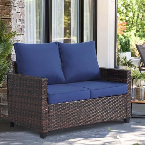 EortheX Outdoor Patio Loveseat, All-Weather Wicker Loveseat with Cushions – Rattan Outdoor 2 Person Sofa Furniture for Garden