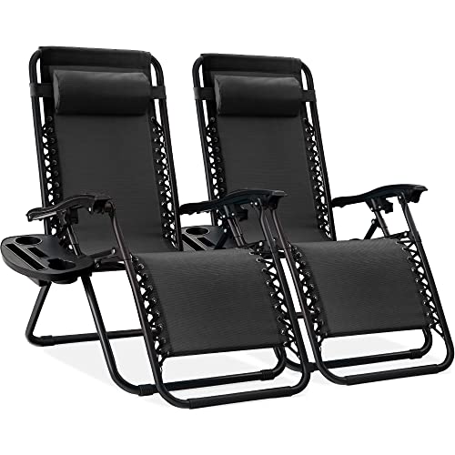 Best Choice Products Set of 2 Adjustable Steel Mesh Zero Gravity Lounge Chair Recliners w/Pillows and Cup Holder Trays - Blac