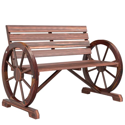 Outsunny 41" Wooden Wagon Wheel Bench, Rustic Outdoor Patio Bench Weather Resistance Furniture