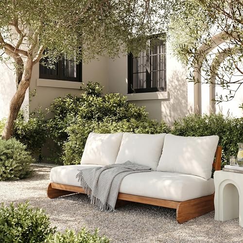 Merax Outdoor Acacia Wood Sofa with All-Weather Cushions, Patio Low 3-Seater Lounge Sofa for Porch, Lawn, Backyard, Balcony