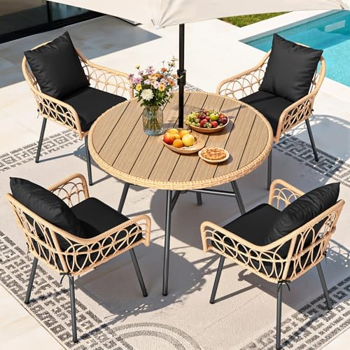 YITAHOME Patio Dining Set with Umbrella Hole for 4, All-Weather Rattan Outdoor Dining Set 5pcs