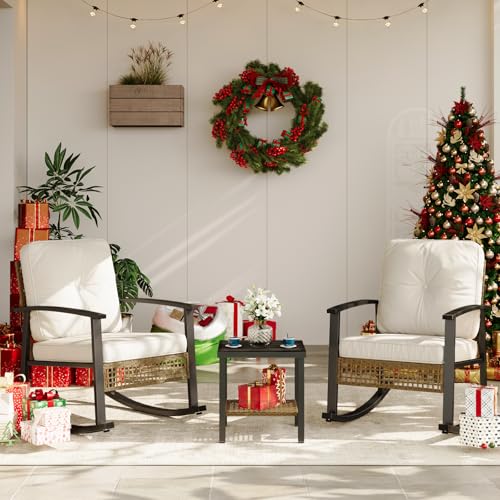 Aoxun 3-Piece Outdoor Rocking Bistro Set, Patio Furniture Set with Coffee Table and Thick Cushions
