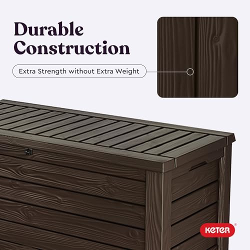 Keter 150 Gallon Resin Large Deck Box Organization and Storage Box for Patio, Outdoor Cushions, Garden Tools, Brown