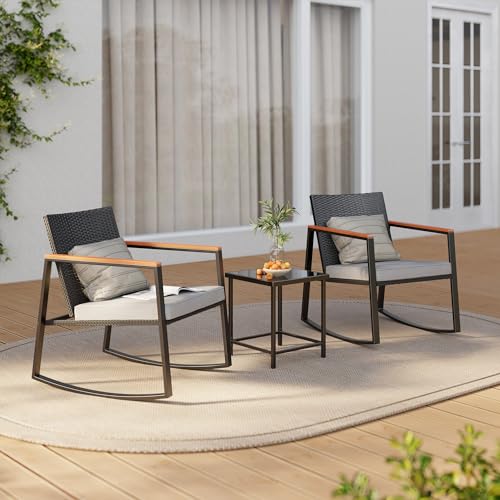 Gizoon 3 Pieces Rocking Patio Bistro Set with Anti-Scald Armrest, Outdoor Patio Wicker Furniture Set with Glass Table and Cushion for Garden, Yard, Porch