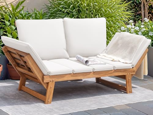 Devoko Outdoor Couch Acacia Wood Patio Couch with Adjustable Armrests