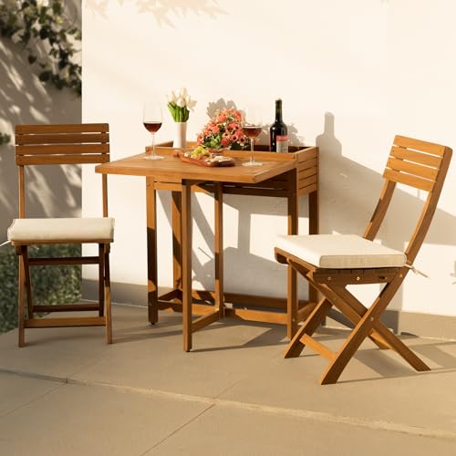 IDZO Natural 3-Piece Bistro Set: Foldable 400lbs Chairs, 220lbs Shelf Table, FSC Acacia Wood, Washable Cushions