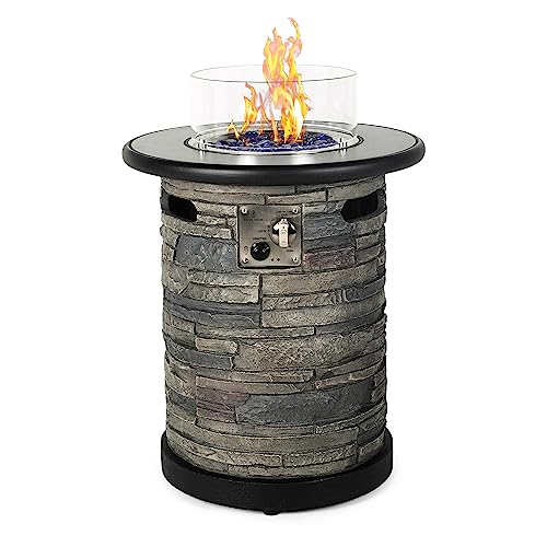 BAIDE HOME Outdoor Propane Fire Pit Table, Round Porcelain Tile Top 22" Fire Bowl Column W/ 40