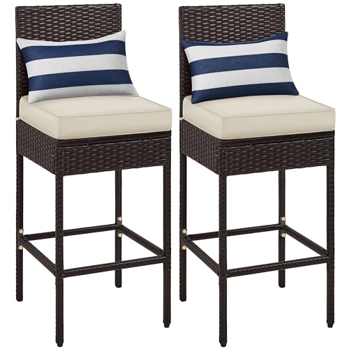 Yaheetech Set of 2 Patio Bar Stools, Outdoor PE Rattan Bar Height Chairs with Cushions & Footrests & Backrest for Indoor