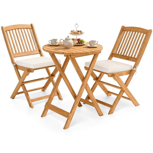 Giantex 3Pcs Patio Bistro Set, Wood Folding Table Set, 2 Cushioned Chairs for Garden Yard