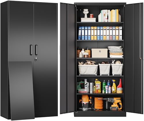 SISESOL Metal Storage Cabinet with 2 Doors and 6 Shelves, Black Metal Cabinet with Lock, 71" Lockable Garage Storage Cabinets