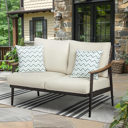 NATURAL EXPRESSIONS Patio Loveseat Sofa Outdoor Furniture Metal Chair with Wicker Backrest & 6 Inches Cushion for Indoor