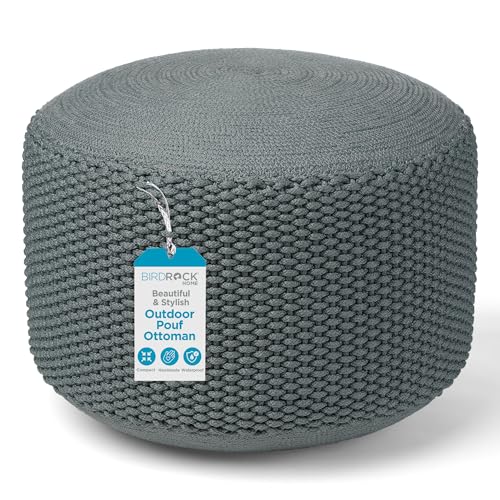 BIRDROCK HOME Outdoor Pouf Ottoman - Mist - Woven Indoor or Backyard Patio Use - Floor Footstool for Living Room- Knit Bean B