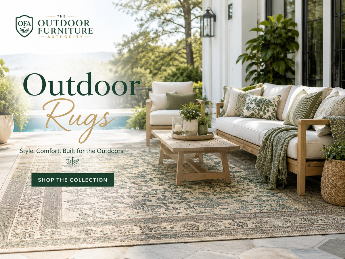 Outdoor rugs collection image showing a patterned patio rug under outdoor seating and a coffee table beside a pool, with cushions, greenery, and The Outdoor Furniture Authority logo.