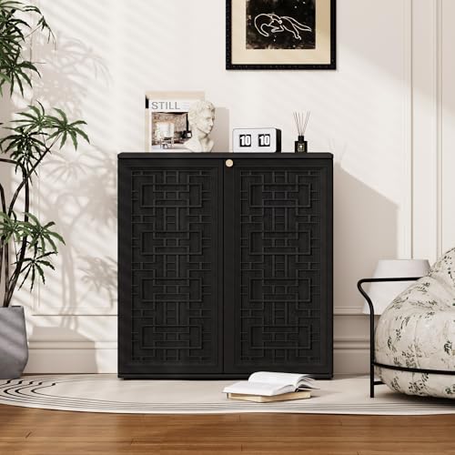 Mrosaa Outdoor Storage Cabinet Waterproof with Shelf,Resin Storage Sheds Outdoor Cabinets for tub Towels/Chemicals/Grill Items/Patio/Garden/Backyard, Size 34.3''L*15''W*36.2''H(Black)