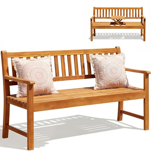Devoko Outdoor Bench, 2-Person Garden Bench, Patio Wood Bench Outdoor Loveseat with Pull-Out Center Table for Backyard
