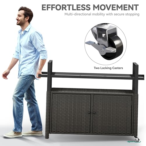 YITAHOME XL Outdoor Storage Cabinet, Outdoor Storage Cart with Wheels and Black Glass Table Top for Patio, Outdoor Cabinet for Poolside and Backyard (Dark Brown)