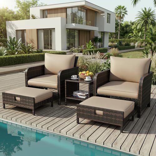 LEVELEVE Patio Conversation Set 5 Piece, Balcony Furniture Outdoor PE Rattan Wicker Lounge Chairs with Soft Cushions