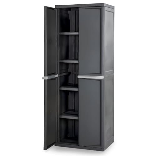 Sterilite 4 Shelf Cabinet, Heavy Duty and Easy to Assemble Plastic Storage Unit, Organize Bins in the Garage, Basement, Attic